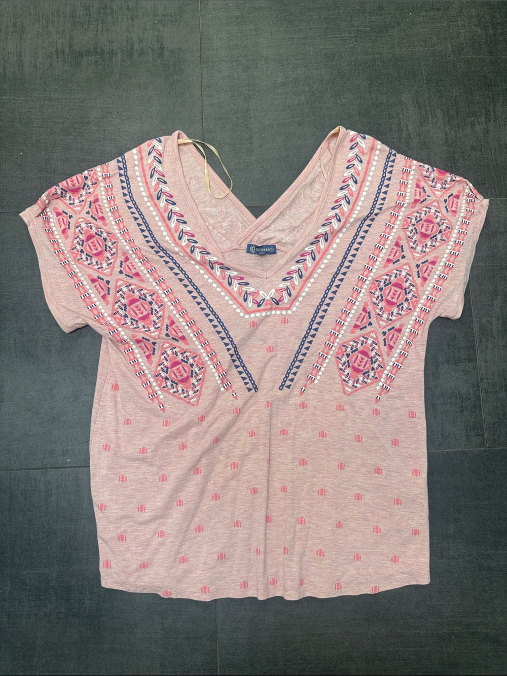 Democracy Pink V-Neck Short Sleeve Tee with Embroidered Geometric Accents